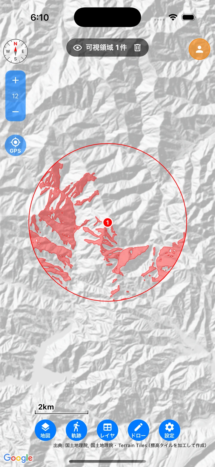 A created viewshed: the visible area filled in semi-transparent red, with the range circle and the numbered observer marker